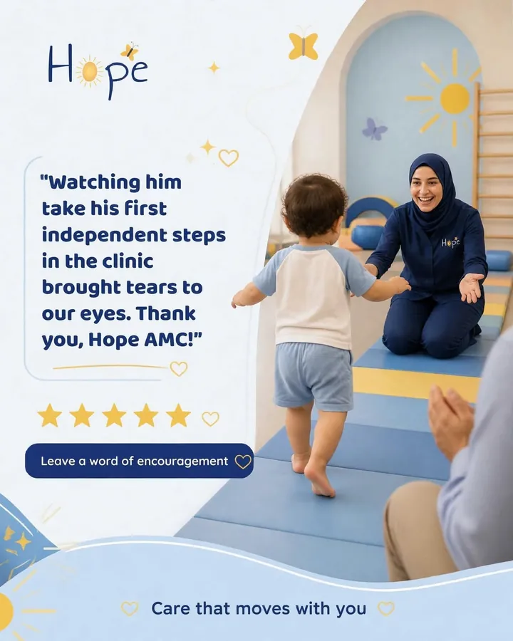 "Watching him take his first independent steps in the clinic brought tears to our eyes. Thank you, Hope AMC!"